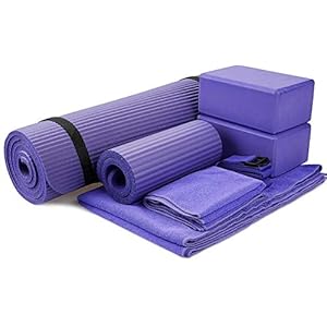 BalanceFrom 7-Piece Set – Include Yoga Mat with Carrying Strap, 2 Yoga Blocks, Yoga Mat Towel, Yoga Hand Towel, Yoga Strap and Yoga Knee Pad (Purple, 1/2″-Thick Mat)