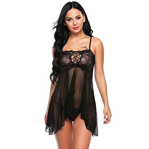 Robe de nuit sexy grande taille en dentelle noire et nuisette érotique ajourée