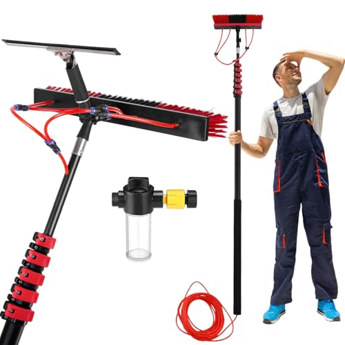 Cepillo de limpieza de paneles solares y poste, kit de poste de alimentación de agua de 3,6 10,8 m, cepillo de limpieza de ventanas con dispensador de jabón y escobilla de goma, cepillo telescópico de
