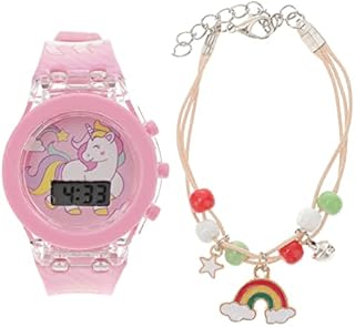 Hemobllo Unicorn Kids Watch and Rainbow Bracelet- Luminous Kids Digital Watch Cute Cartoon Silicone Strap Kids Wrist Watch Toddler Digital Watch Gifts for Kids Girls (Pink)
