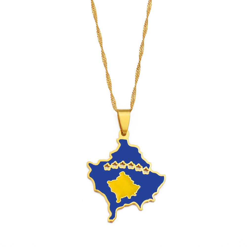 ZWINNER Map Flag of Kosovo Pendant Necklaces- Gold Color Stainless Steel Country Map Pendant Necklace with Chain,Jewelry Gift for Women Men,45Cm