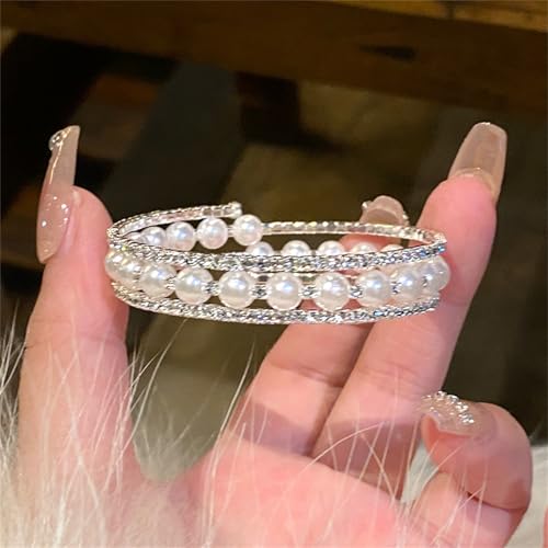 Imitition Pearl Stretch Cuff Bracelet for Women Adjustable Multilaye Rhinestone Cuff Bracelet Wedding Brides Holiday Party Jewelry4