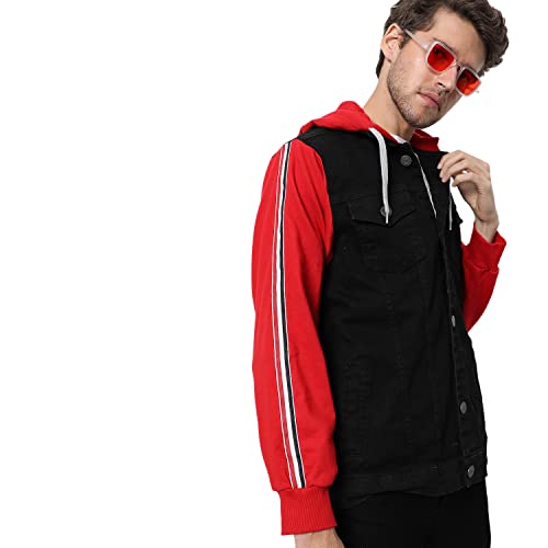 Image of Campus Sutra Men's Dark-Washed Black & Red Regular Fit Denim Jacket | Hooded Collar | Full Sleeve | Buttoned | Casual Western Stylish Winter Wear for Men