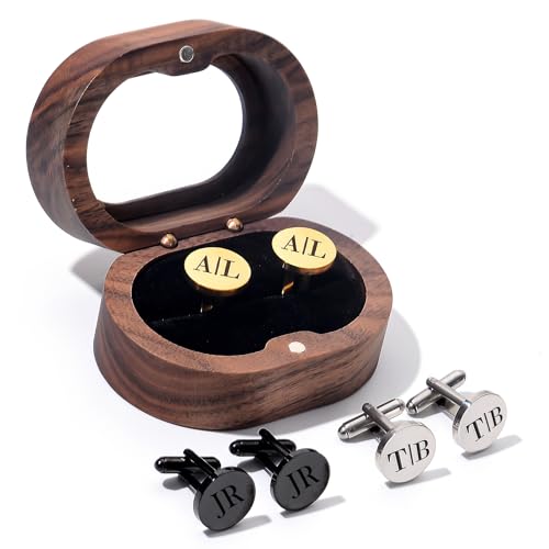 Custom Name Initial Cufflinks for Men,Gold Plated Monogram Cuff Links with Wood Box,Perfect for Wedding,Groomsmen, Best Man Gift