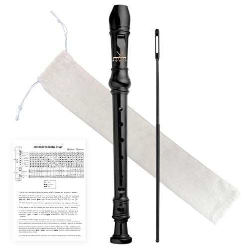 YONTY Soprano Recorder 8-Hole Instrument for Beginners Kids Students, German Style C Key Flute with Cleaning Rod & acking Bag for Education & Entertainment - Black
