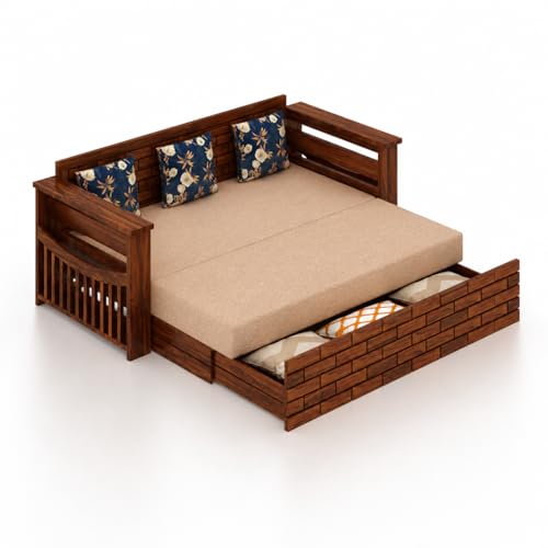 Image of Ganpati Arts Solid Sheesham Wood 3 Seater Italian Sofa Cum Bed with Storage and Side Pockets for Living Room Wooden Sofa Bed for Home - Natural Finish 1 Year Warranty, 3-Person Sofa (Beige)