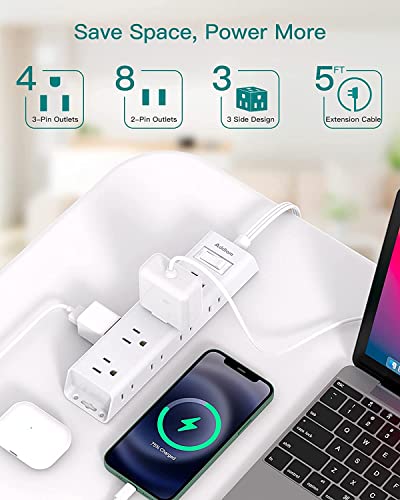 Addtam Flat Plug Power Bar, Ultra Thin Flat Extension Cord with 1050J Surge Protector, 12 Widely AC 3 Sides Multiple Outlets, 5Ft Wall Mount, Desk Charging Station for Home Office  image 2