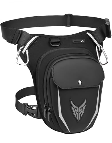 Leathario Motorrad Beintasche Damen und Herren，Leg Bag Wasserdicht，Oberschenkeltasche mit Erweiterbarem Stauraum，Tasche Bein für Radfahren Wandern，Gürteltasche mit 2 Karabinern Reflexstreifen Schwarz