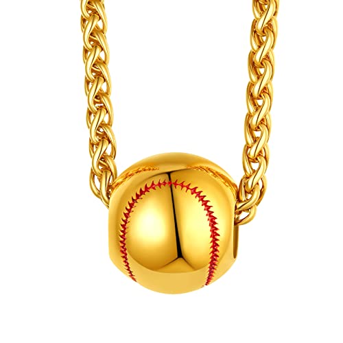 FindChic Sports Football/Basketball/Volleyball/Rugby/Baseball Necklaces for Men Boys Stainless Steel/ 18K Gold Plated/Black with 22inch Chain Athelets Jewelry, with Gift Box 03. baseball gol