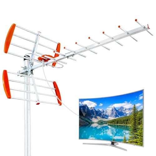 Antena TV Exterior Potente de Largo Alcance – Antena TDT Exterior HD 4K/1080P con Recepción Estable UHF/VHF, Compatible con Smart TV y DVB-T2/DVB-T (B-ES-09E-Orange-260608)