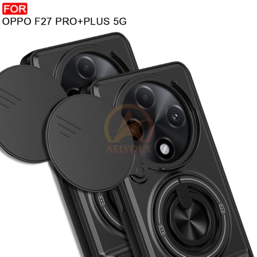 Image of Oppo F27 Pro Plus 5G Back Cover | Armor Camera Slider 360 Degree Rotating Finger Ring Holder Case with Bracket Stand Back Case Cover (Compatible with MagSafe Accessories) (Black)