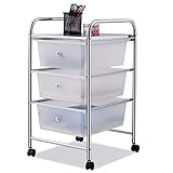 Giantex 3 Drawers Cart Storage Bin Organizer Rolling Storage Cart Metal Frame Plastic Drawers Flexible Wheels Home Office Scrapbook Supply & Paper Shelf, White