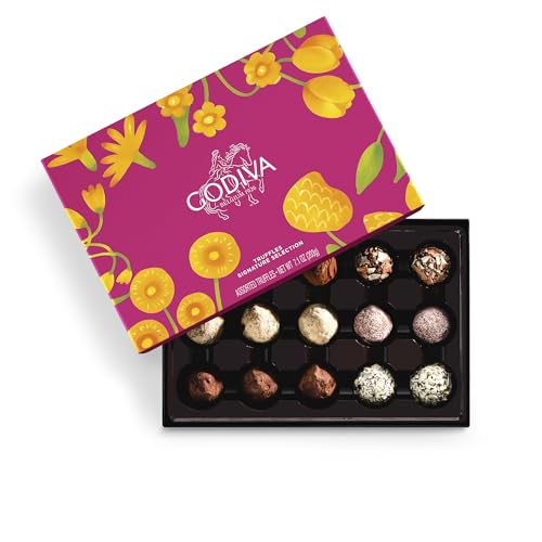 Godiva Signature Truffles Limited Edition Spring Gift Box, Belgian Dark & Milk Chocolates with Ganache Centers, Gourmet Mother's Day Chocolate Gifts, Kosher, 15 Pc