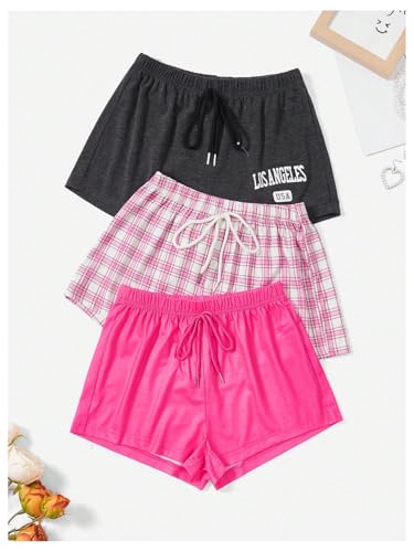 Image of WDIRARA Women's 3 Pack Plaid Letter Graphic Pajama Shorts Lounge Shorts | Elastic Waist ,Comfortable,Home Living,Sleepwear
