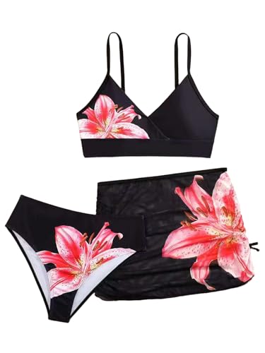 Image of Girl's 3 Piece Sets Floral Print Bikini Swimsuit High Waisted Bathing Suits with Beach Skirt Coverups Black Red Floral 14Y