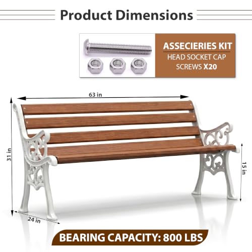 Image of BRISHI 3 Seater Cast Iron FRP Garden Bench for Indoor & Outdoor Park /Patio /Living Room /Terrace /Balcony (White + Brown)