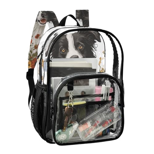 Cute Dog Face Flowers Bloom Kids Clear Backpack Clear Book Bags For Girls Boys Transparent Heavy Duty Bag2