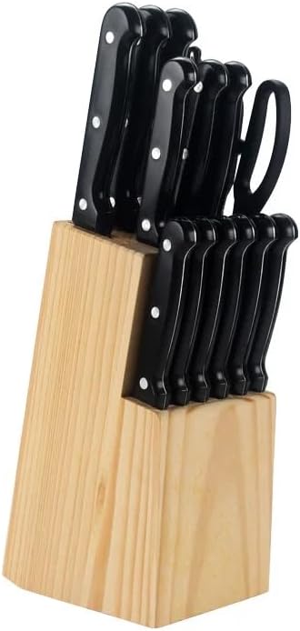 Juego de cuchillos de cocina de 15 piezas con bloque de madera, juego de cuchillos para carne de acero inoxidable ultra afilados y tijeras, juego de