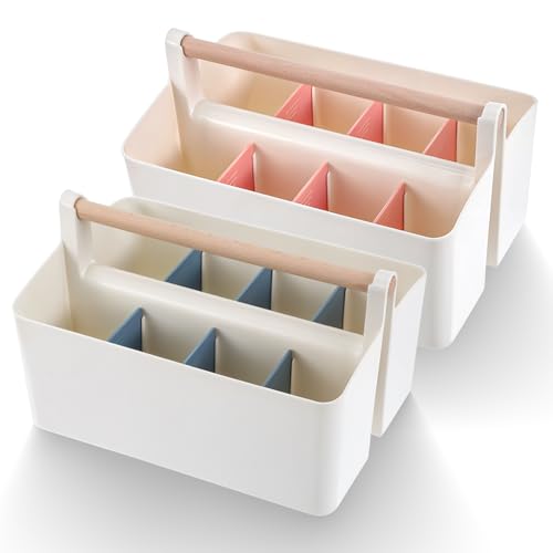 Image of 2 Pcs Art Supply Organizers Marker Caddy with Handle Makeup Tools Brushes Box Adjustable Dividers Storage Bin for Colored Pencils Craft Pens Pencils Paint Knife