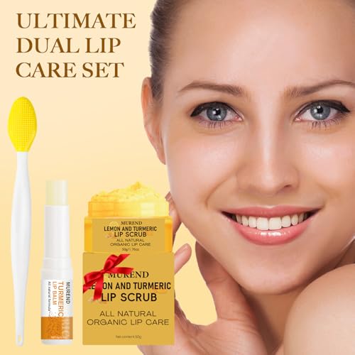 Image of 3PCS Turmeric Lemon Lip scrub and Turmeric Lip Balm with Brush Set, Lip Scrubber Exfoliator, Dark Lips Treatment for Smokers, Natural Exfoliator & Moisturizer Cracked, Dull, Reduce Fine Lines Lips