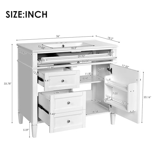 Virubi 36" Bathroom Vanity with Single Sink Combo, Modern Undermount Bathroom Sink Cabinet with 2 Drawers and a Tip-Out Drawer, Freestanding Bathroom Vanities, Soft Closing, Solid Wood Frame