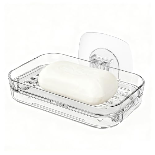 Soap Dish for Shower Wall Mounted, Soap Bar Holder Self Draining, Strong Adhesive Mount Soap Saver Sponge Holder for Bathroom Bathtub Kitchen Sink, Clear