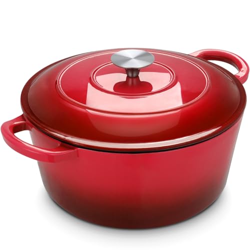 LIFERUN 6 Qt Enameled Cast Iron Dutch Oven Pot with Lidï¼ŒOven Safe up to 500Â° F, Non-Stick Dutch Oven with Dual Handles for Bread Baking, Fry Foods, Braising, Stews, Roasting (Red)