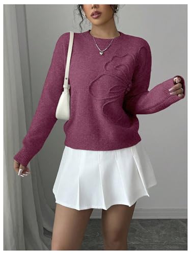 Image of RoseSeek Women's 3D Floral Appliques Crewneck Sweaters Long Sleeve Drop Shoulder Pullovers Elegant Knit Tops