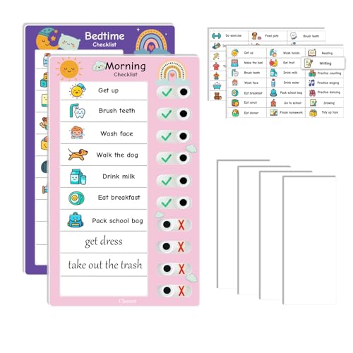 2PCS Visual Chore Chart for Kids Schedule Checklist for Children Kids to-Do Task Boards (1 Morning Routine Board 1 Bedtime Routine Board) (Pink)