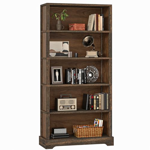 TVU 5-Tier Solid Wood Book Shelf, Floor Standing Bookcase, 65' H × 31.5' W × 11.8' D Bookshelf, Farmhouse Style Book Case with Arched Base, Suitable for Living Room, Study, Office, Walnut