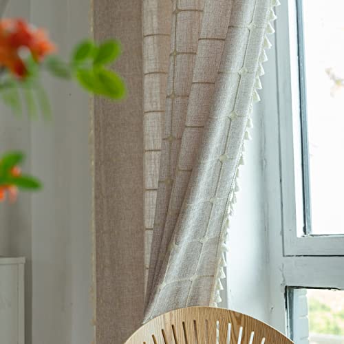 2 Panels Boho Semi Blackout 63 84 96 Inches Length Curtains Set,Farmhouse 54" W Country Linen Beige Coffee Plaid Long Window Curtain For Living Room, Dining Room, Bedroom, Kitchen Drapes #TOP5