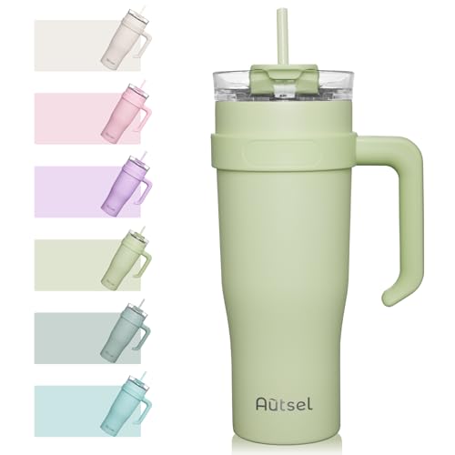 Autsel 40oz Mug Isotherme avec Poignée et Paille 1200ml Tasse Isotherme de Voyage à Double Parois pour Voiture Travail Sports