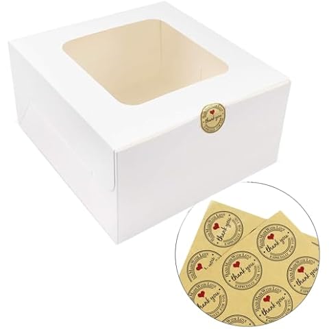 KINGREE 25pcs Cake Boxes,8x8x5 Inches Square Bakery Boxes with Window Cajas Pasteles for Cake, Pastries, Chocolates, Cookies, Pie, Birthday Party, Wedding, Easter(White) Cover