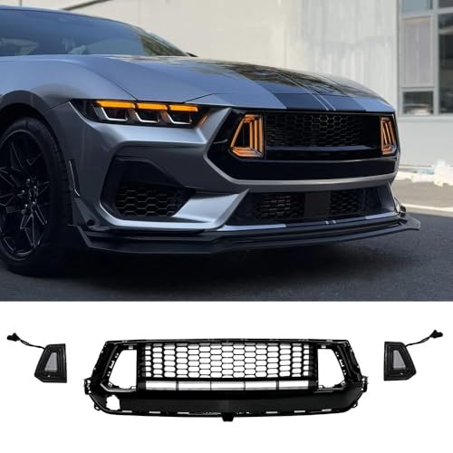 AUTRAGO Front Bumper Center Grill W/LED for 2024+ Ford Mustang EcoBoost/GT (Gloss Black)