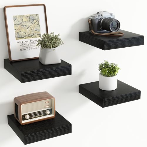 Image of Axeman Square Floating Shelves for Wall, 8 inch W x 8 inch D x 1.4 inch H Rustic Wooden Wall Shelves, 4 Pack Wall Mounted Floating Shelf with Invisible Brackets for Living Room, Bathroom, Kitchen, Black Color