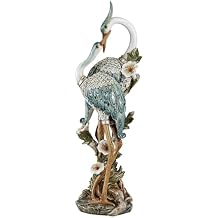 Devoted Cranes Table Sculpture Teal - Made of Resin Coastal Crane Shorebirds - Glitter Accents - Bird Statue - Flowers, Vining Leaves Base - Measures 5 Inches Wide, 16 Inches High