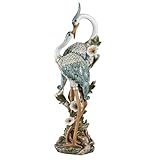 Devoted Cranes Table Sculpture Teal - Made of Resin Coastal Crane Shorebirds - Glitter Accents - Bird Statue - Flowers, Vining Leaves Base - Measures 5 Inches Wide, 16 Inches High