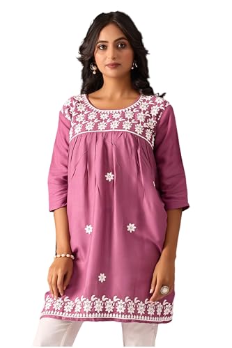 Image of Sidhidata Rayon Floral Embroidered Short Kurti | Short Anarkali Kurti for Girls | Women's Casual Sleeveless Printed Top | Tops for Women (Kurti Myra)