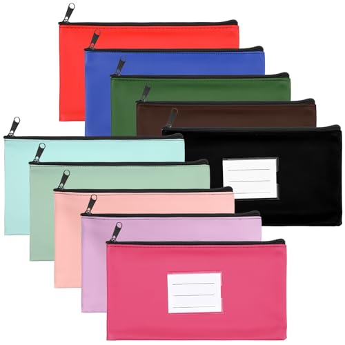 Paquete de 10 bolsas de dinero con cremallera, bolsas de cuero sintético con etiqueta, 11 x 6 pulgadas, bolsa de depósito bancario para monedas, facturas, cheques, facturas, cosméticos, herramientas
