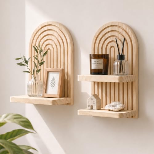 Artilady Boho Shelf Wall Decor Set of 2, Natural Wood Wall Mounted Shelves, Hanging Plant Shelf for Small Space Entryway Bedroom Living Room (Beige Set 2)