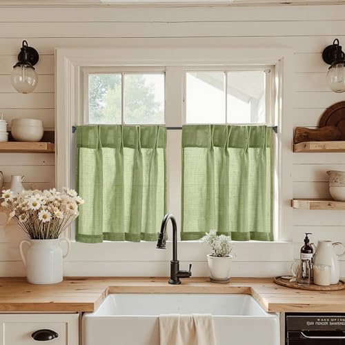 jinchan Tier Curtains Pinch Pleated 26x30 2 Panels Green Linen