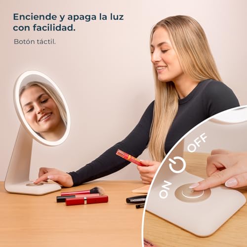Espejo de maquillaje redondo portátil con 3 intensidades de luz tipo C 7