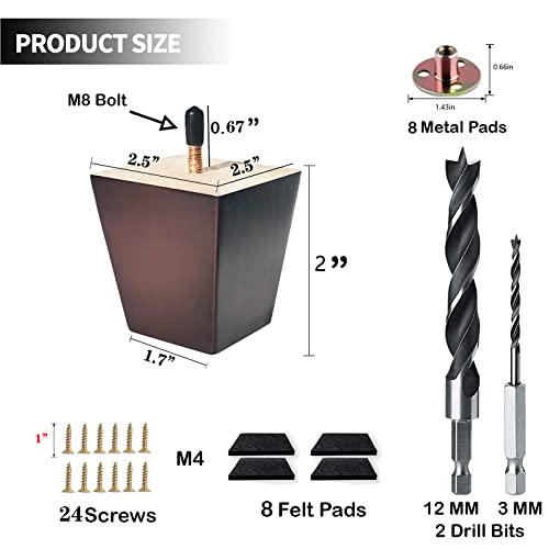 Txcucc Sofa Legs Square Bed Feet 2 Inch Wood Replacement Leg For Furniture Set Of 8, Dark Brown #TOP1