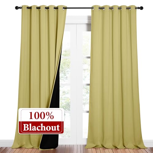 Image of NICETOWN Total Shade Curtains and Draperies, Heavy-Duty Full Light Shading Drapes with Black Liner Backing for Villa /Hall /Dorm Window（Paler Yellow, Package of 2 Panels, 62 inches Wide x 95 inches Long