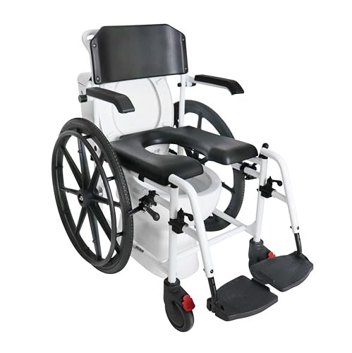 KMINA Toilettenstuhl mit Rollen für Senioren Schwarz, selbstfahrender Duschstuhl für Behinderte, höhenverstellbarer Duschrollstuhl mit 60 cm Rädern, fahrbarer Leibstuhl bis 120 kg - Modell PRO