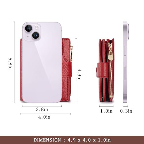 Image of Genuine Leather Wallets for Women RFID Blocking Bifold with Zipper Pocket, 2 ID Windows, 18 Card Slots, Red