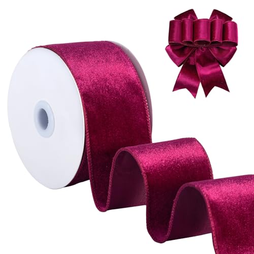 FAKILO Drahtgebundenes Samtband, 6,3 cm, weinrotes Samtband für Kranz, Girlande, Weihnachtsbaum, Geschenkverpackung, große Schleifen, Festival-Dekoration – durchgehend 9 m/Rolle