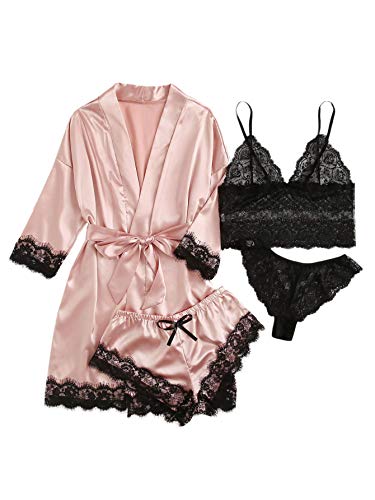 DIDK Damen 4 Stücke Sets Morgenmantel Kimono Dessous Set Satin Pajama...