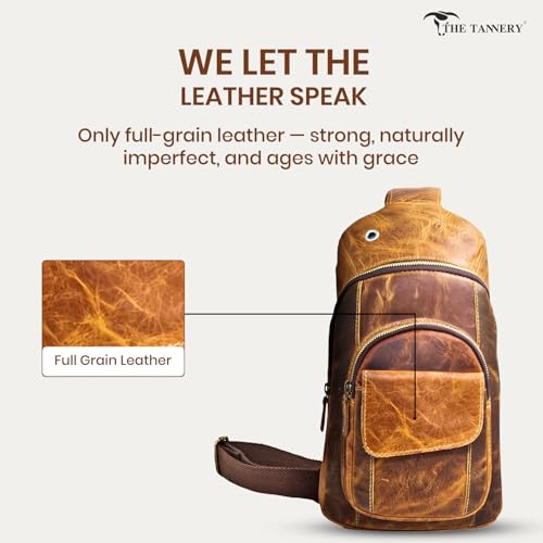 The Tannery Handmade Buffalo Leather Multipurpose Travel Hiking Crossbody Chest Backpack with Adjustable Shoulder Strap (Brown, Large)3