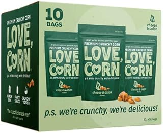 LOVE CORN Cheese & Onion | Delicious Crunchy Corn Snack | 45g x10 bags | Low Sugar, Gluten Free, Vegan, Light Crunch